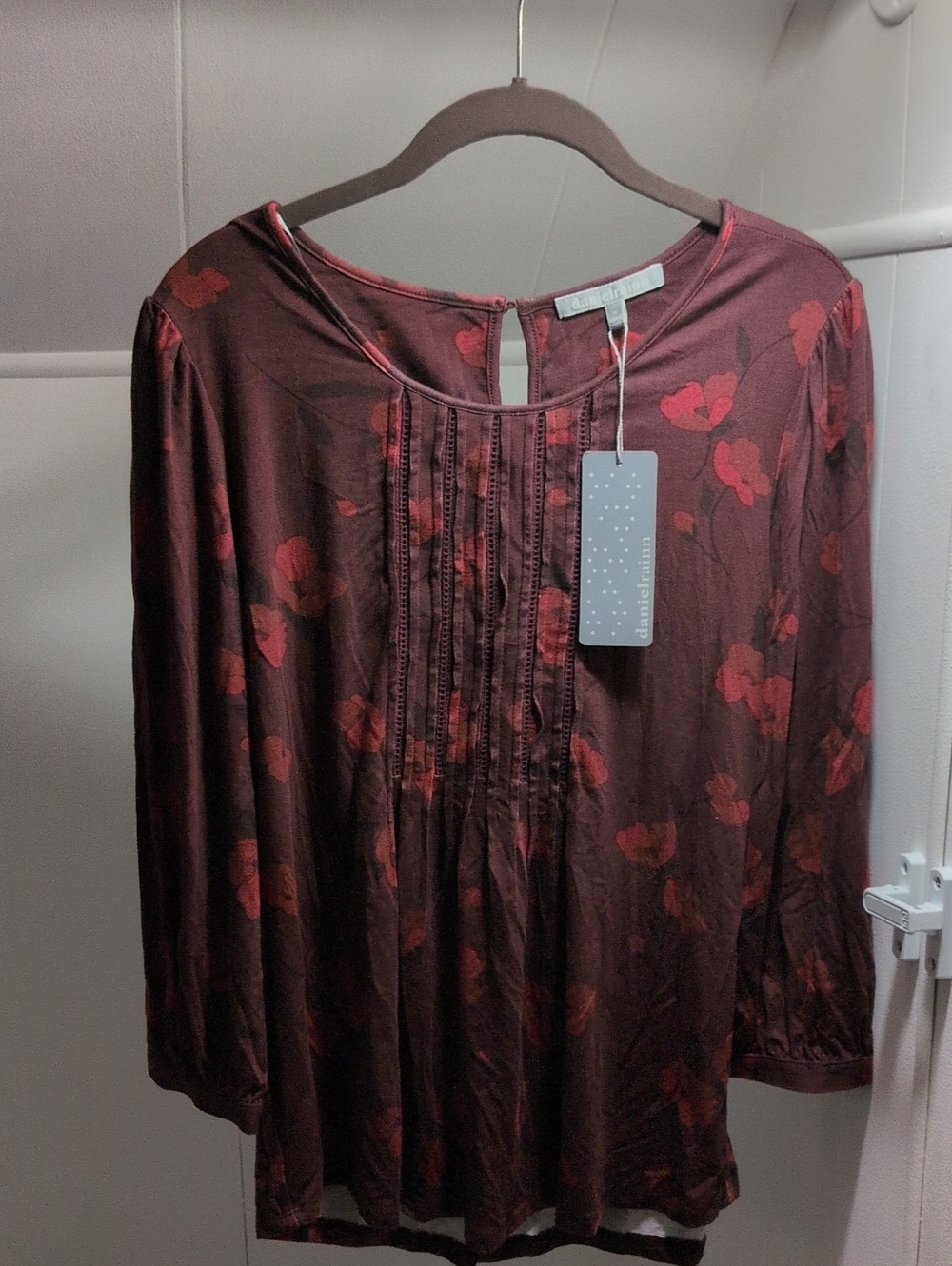 Daniel Rainn Burgundy Tunic with Red Floral Pintuck Front